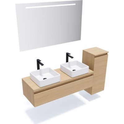 Meuble de salle de bain suspendu 2 vasques à poser 120cm 1 tiroir Chêne clair + miroir + colonne ouverture droite - Hudson