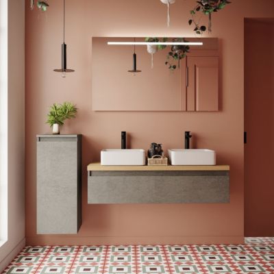 Meuble de salle de bain suspendu 2 vasques à poser 120cm 1 tiroir façon Béton + miroir - Hudson