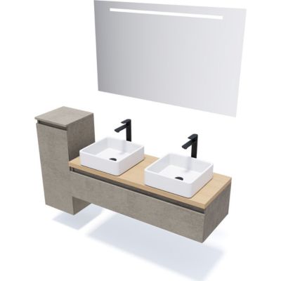 Meuble de salle de bain suspendu 2 vasques à poser 120cm 1 tiroir façon Béton + miroir - Hudson
