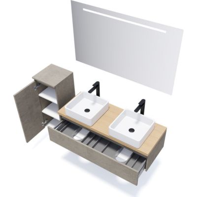 Meuble de salle de bain suspendu 2 vasques à poser 120cm 1 tiroir façon Béton + miroir - Hudson