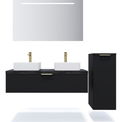 Meuble de salle de bain suspendu 2 vasques à poser 120cm 1 tiroir Noir + miroir + colonne ouverture droite - Venice