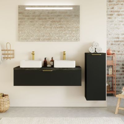 Meuble de salle de bain suspendu 2 vasques à poser 120cm 1 tiroir Noir + miroir + colonne ouverture droite - Venice