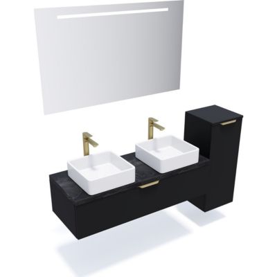 Meuble de salle de bain suspendu 2 vasques à poser 120cm 1 tiroir Noir + miroir + colonne ouverture droite - Venice