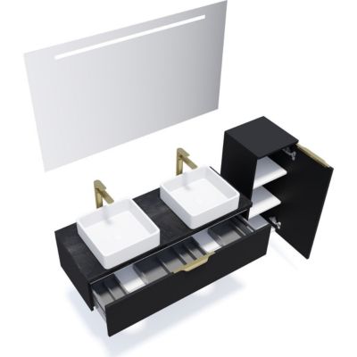 Meuble de salle de bain suspendu 2 vasques à poser 120cm 1 tiroir Noir + miroir + colonne ouverture droite - Venice