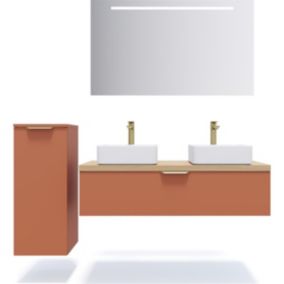 Meuble de salle de bain suspendu 2 vasques à poser 120cm 1 tiroir Terracotta + miroir + colonne ouverture gauche - Venice