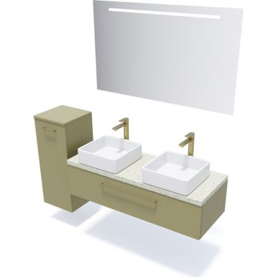 Meuble de salle de bain suspendu 2 vasques à poser 120cm 1 tiroir Vert olive - Glasgow