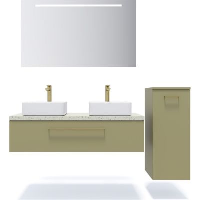 Meuble de salle de bain suspendu 2 vasques à poser 120cm 1 tiroir Vert olive + miroir + colonne ouverture droite - Glasgow