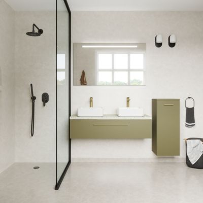 Meuble de salle de bain suspendu 2 vasques à poser 120cm 1 tiroir Vert olive + miroir + colonne ouverture droite - Glasgow