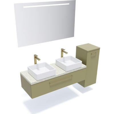 Meuble de salle de bain suspendu 2 vasques à poser 120cm 1 tiroir Vert olive + miroir + colonne ouverture droite - Glasgow