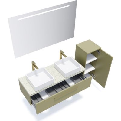 Meuble de salle de bain suspendu 2 vasques à poser 120cm 1 tiroir Vert olive + miroir + colonne ouverture droite - Glasgow