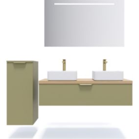 Meuble de salle de bain suspendu 2 vasques à poser 120cm 1 tiroir Vert olive + miroir + colonne ouverture gauche - Venice