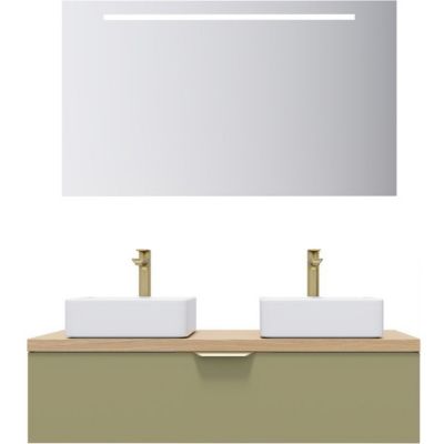 Meuble de salle de bain suspendu 2 vasques à poser 120cm 1 tiroir Vert olive + miroir - Venice