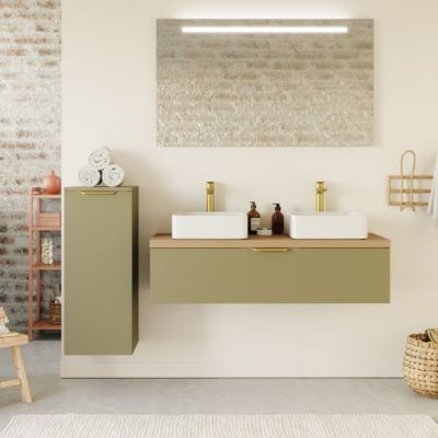 Meuble de salle de bain suspendu 2 vasques à poser 120cm 1 tiroir Vert olive + miroir - Venice