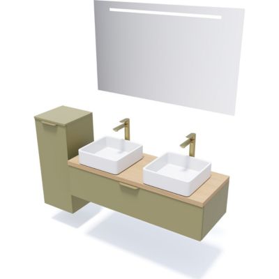 Meuble de salle de bain suspendu 2 vasques à poser 120cm 1 tiroir Vert olive + miroir - Venice