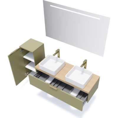 Meuble de salle de bain suspendu 2 vasques à poser 120cm 1 tiroir Vert olive + miroir - Venice