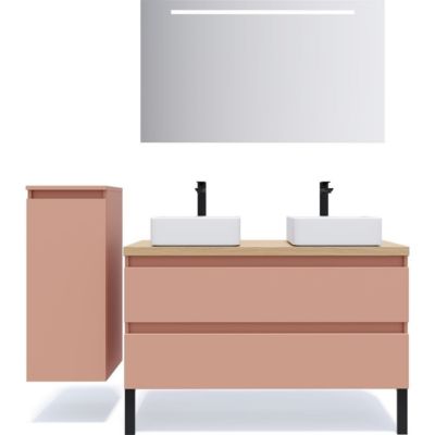 Meuble de salle de bain suspendu 2 vasques à poser 120cm 2 tiroirs Abricot + miroir + colonne ouverture gauche - Hudson