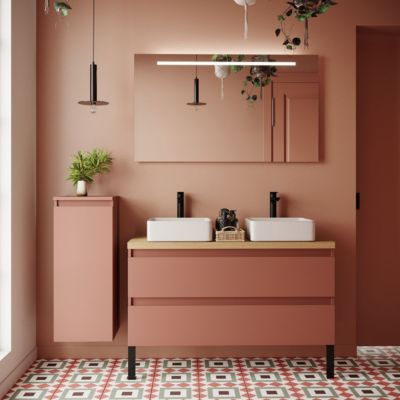 Meuble de salle de bain suspendu 2 vasques à poser 120cm 2 tiroirs Abricot + miroir + colonne ouverture gauche - Hudson