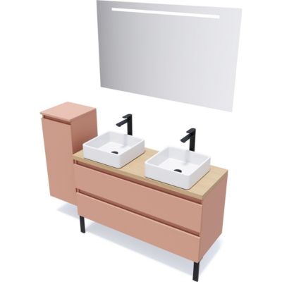 Meuble de salle de bain suspendu 2 vasques à poser 120cm 2 tiroirs Abricot + miroir + colonne ouverture gauche - Hudson