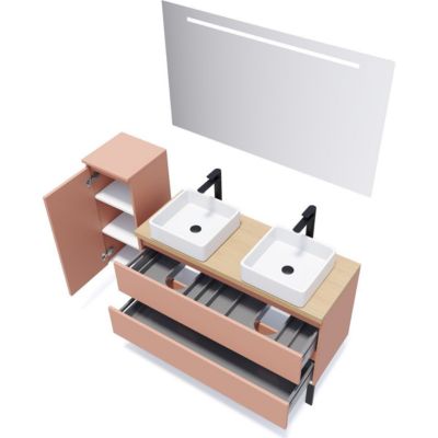 Meuble de salle de bain suspendu 2 vasques à poser 120cm 2 tiroirs Abricot + miroir + colonne ouverture gauche - Hudson