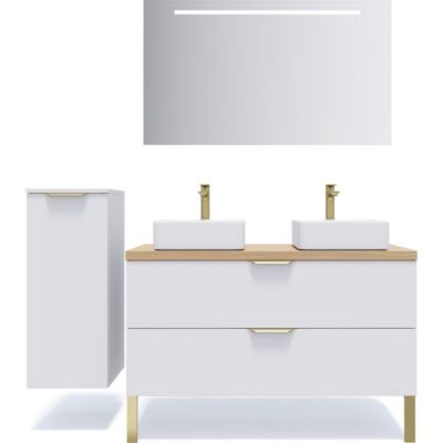 Meuble de salle de bain suspendu 2 vasques à poser 120cm 2 tiroirs Blanc + miroir + colonne ouverture gauche - Venice