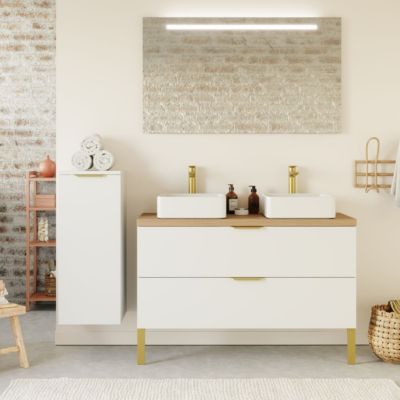 Meuble de salle de bain suspendu 2 vasques à poser 120cm 2 tiroirs Blanc + miroir + colonne ouverture gauche - Venice