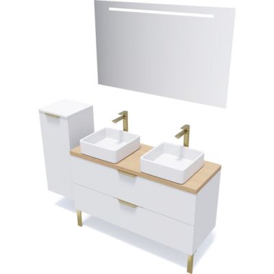 Meuble de salle de bain suspendu 2 vasques à poser 120cm 2 tiroirs Blanc + miroir + colonne ouverture gauche - Venice