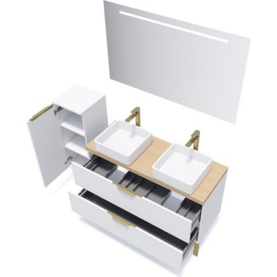 Meuble de salle de bain suspendu 2 vasques à poser 120cm 2 tiroirs Blanc + miroir + colonne ouverture gauche - Venice