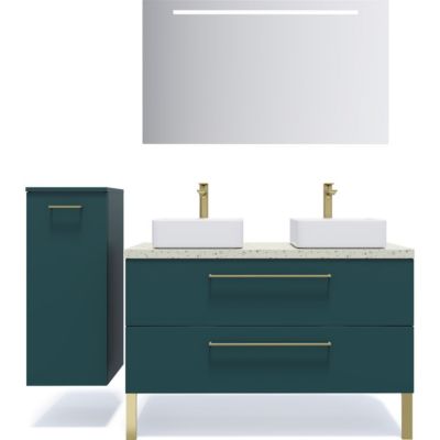 Meuble de salle de bain suspendu 2 vasques à poser 120cm 2 tiroirs Bleu + miroir + colonne ouverture gauche - Glasgow