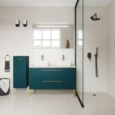 Meuble de salle de bain suspendu 2 vasques à poser 120cm 2 tiroirs Bleu + miroir + colonne ouverture gauche - Glasgow