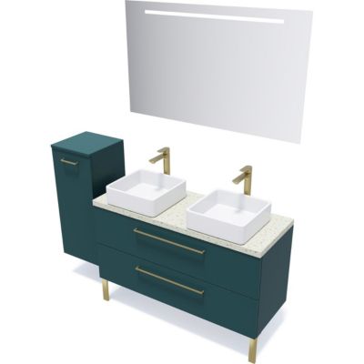 Meuble de salle de bain suspendu 2 vasques à poser 120cm 2 tiroirs Bleu + miroir + colonne ouverture gauche - Glasgow
