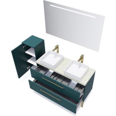 Meuble de salle de bain suspendu 2 vasques à poser 120cm 2 tiroirs Bleu + miroir + colonne ouverture gauche - Glasgow