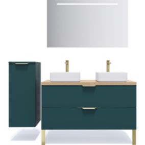 Meuble de salle de bain suspendu 2 vasques à poser 120cm 2 tiroirs Bleu + miroir + colonne ouverture gauche - Venice