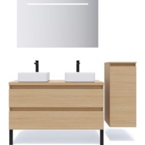 Meuble de salle de bain suspendu 2 vasques à poser 120cm 2 tiroirs Chêne clair + miroir + colonne ouverture droite - Hudson