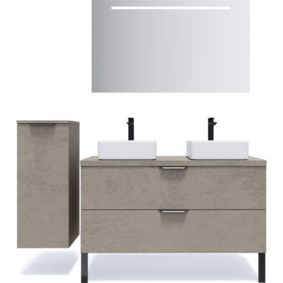 Meuble de salle de bain suspendu 2 vasques à poser 120cm 2 tiroirs façon Béton + miroir + colonne ouverture gauche - Venice