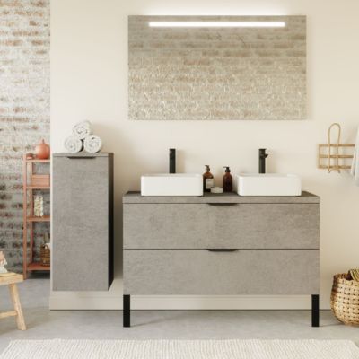 Meuble de salle de bain suspendu 2 vasques à poser 120cm 2 tiroirs façon Béton + miroir + colonne ouverture gauche - Venice