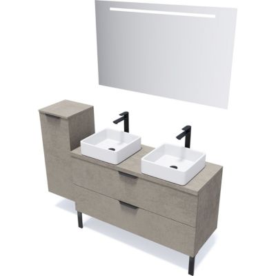 Meuble de salle de bain suspendu 2 vasques à poser 120cm 2 tiroirs façon Béton + miroir + colonne ouverture gauche - Venice