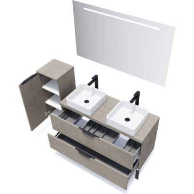 Meuble de salle de bain suspendu 2 vasques à poser 120cm 2 tiroirs façon Béton + miroir + colonne ouverture gauche - Venice