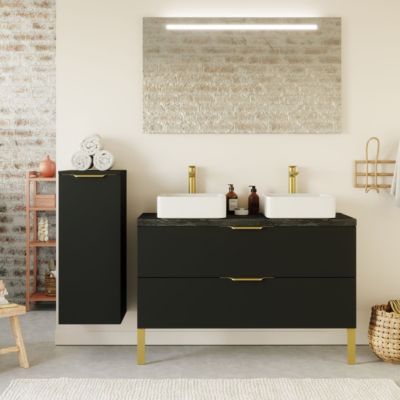 Meuble de salle de bain suspendu 2 vasques à poser 120cm 2 tiroirs Noir + miroir + colonne ouverture gauche - Venice