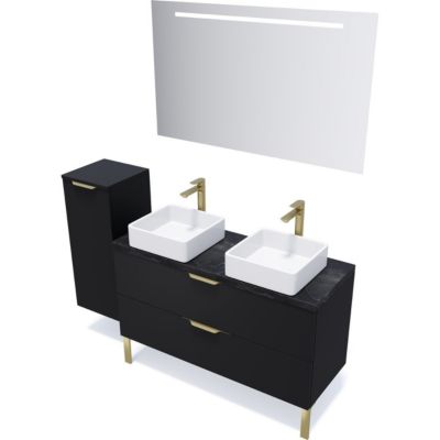 Meuble de salle de bain suspendu 2 vasques à poser 120cm 2 tiroirs Noir + miroir + colonne ouverture gauche - Venice
