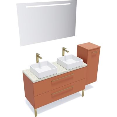 Meuble de salle de bain suspendu 2 vasques à poser 120cm 2 tiroirs Terracotta + miroir + colonne ouverture droite - Glasgow