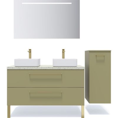 Meuble de salle de bain suspendu 2 vasques à poser 120cm 2 tiroirs Vert olive + miroir + colonne ouverture droite - Glasgow