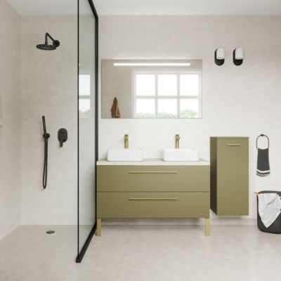 Meuble de salle de bain suspendu 2 vasques à poser 120cm 2 tiroirs Vert olive + miroir + colonne ouverture droite - Glasgow
