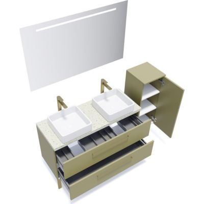 Meuble de salle de bain suspendu 2 vasques à poser 120cm 2 tiroirs Vert olive + miroir + colonne ouverture droite - Glasgow