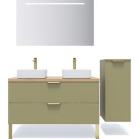 Meuble de salle de bain suspendu 2 vasques à poser 120cm 2 tiroirs Vert olive + miroir + colonne ouverture droite - Venice