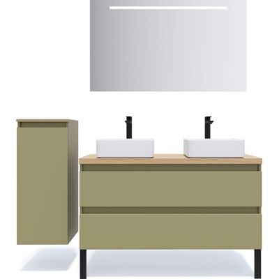 Meuble de salle de bain suspendu 2 vasques à poser 120cm 2 tiroirs Vert olive + miroir + colonne ouverture gauche - Hudson