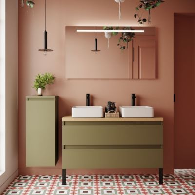 Meuble de salle de bain suspendu 2 vasques à poser 120cm 2 tiroirs Vert olive + miroir - Hudson