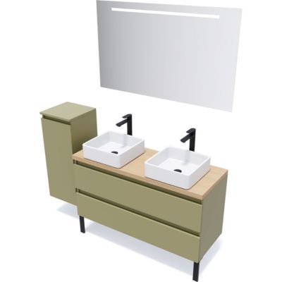 Meuble de salle de bain suspendu 2 vasques à poser 120cm 2 tiroirs Vert olive + miroir - Hudson
