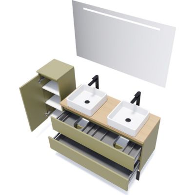 Meuble de salle de bain suspendu 2 vasques à poser 120cm 2 tiroirs Vert olive + miroir - Hudson
