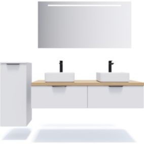 Meuble de salle de bain suspendu 2 vasques à poser 140cm 2 tiroirs Blanc + miroir + colonne ouverture gauche - Soho