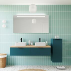 Meuble de salle de bain suspendu 2 vasques à poser 140cm 2 tiroirs Bleu + miroir + colonne ouverture droite - Soho